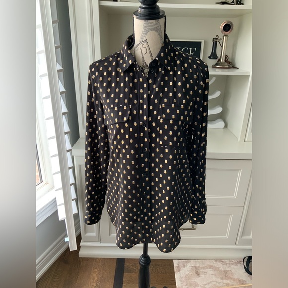 WHO WHAT WEAR Gold White Dot Button Up Long Sleeve Blouse Black Womens SZ Small - Picture 2 of 13